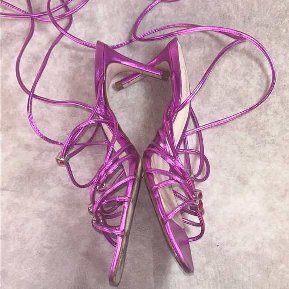 GUC Schutz Women's 7.5 Dark Metallic Pink Purple Strappy Heels‎ Leather - Picture 9 of 9